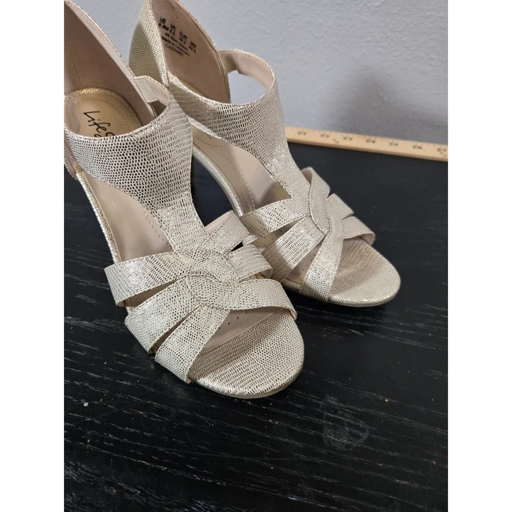 LifeStride Metallic Shimmer Strappy Caramel Block Heel Dress Sandals 8.5M